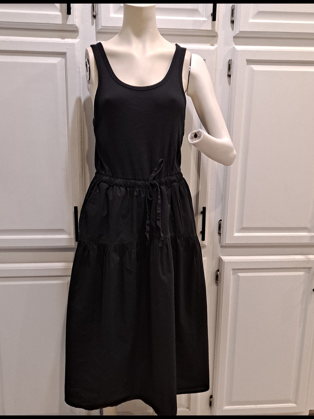 Nation LTD Black Tiered Ribbed Tank Midi Dress Organic Pima Cotton Large